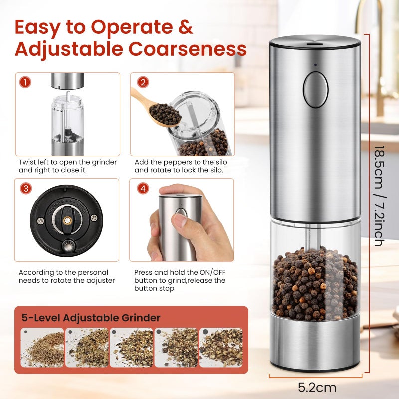 Newise Electric Salt and Pepper Grinder Set  Rechargeable Stainless Steel Automatic Mill Shakers with 6 Adjustable Coarseness and LED Light  Mothers Day Gifts for Mom Wife Friends  2 Pack - Image 3